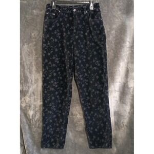 Vtg Bill Blass Velvet Dark Navy Pants Floral Print Easy Fit Sz 12 Barrel Leg 90s